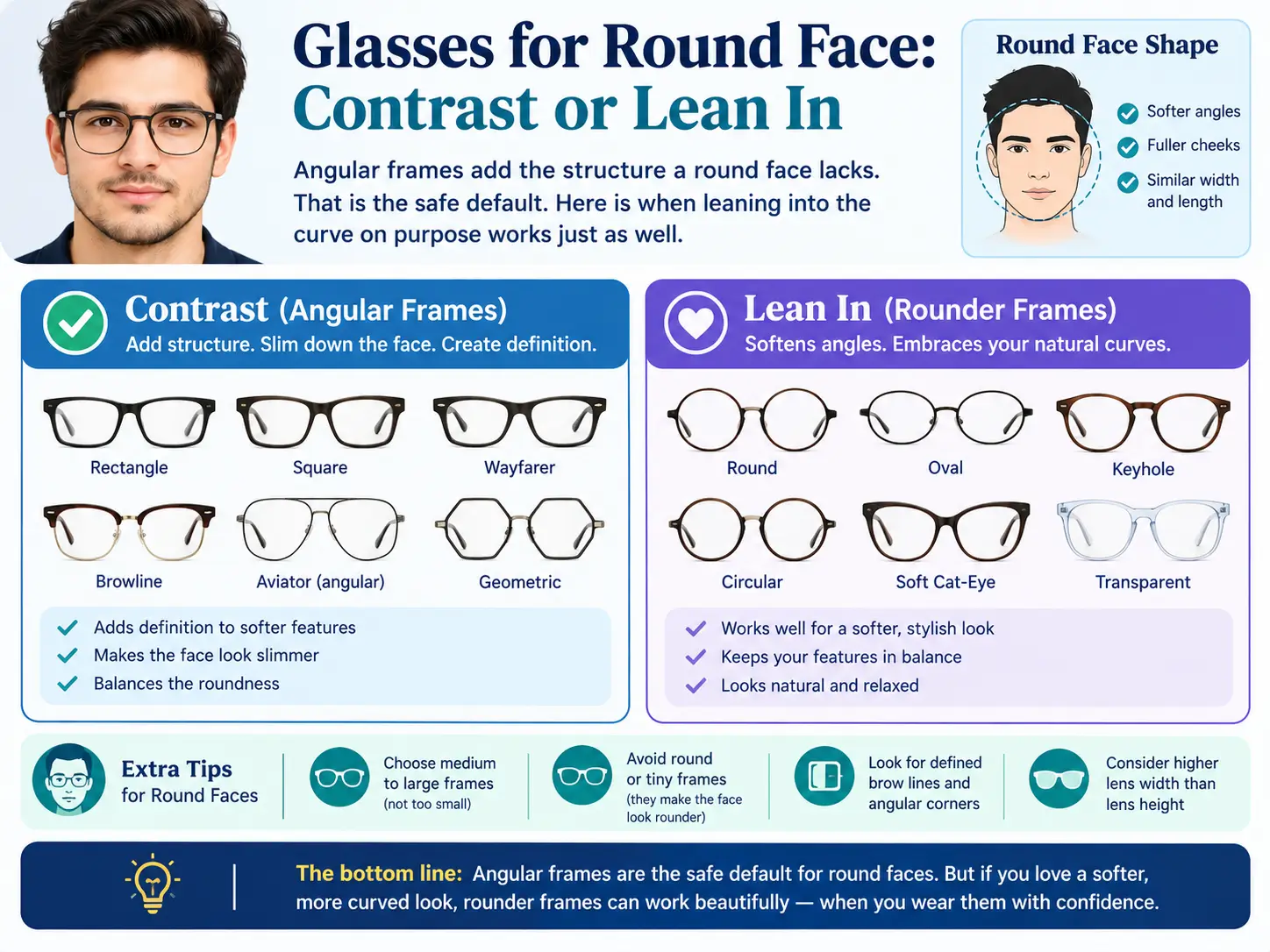 Glasses for Round Face: Contrast or Lean In