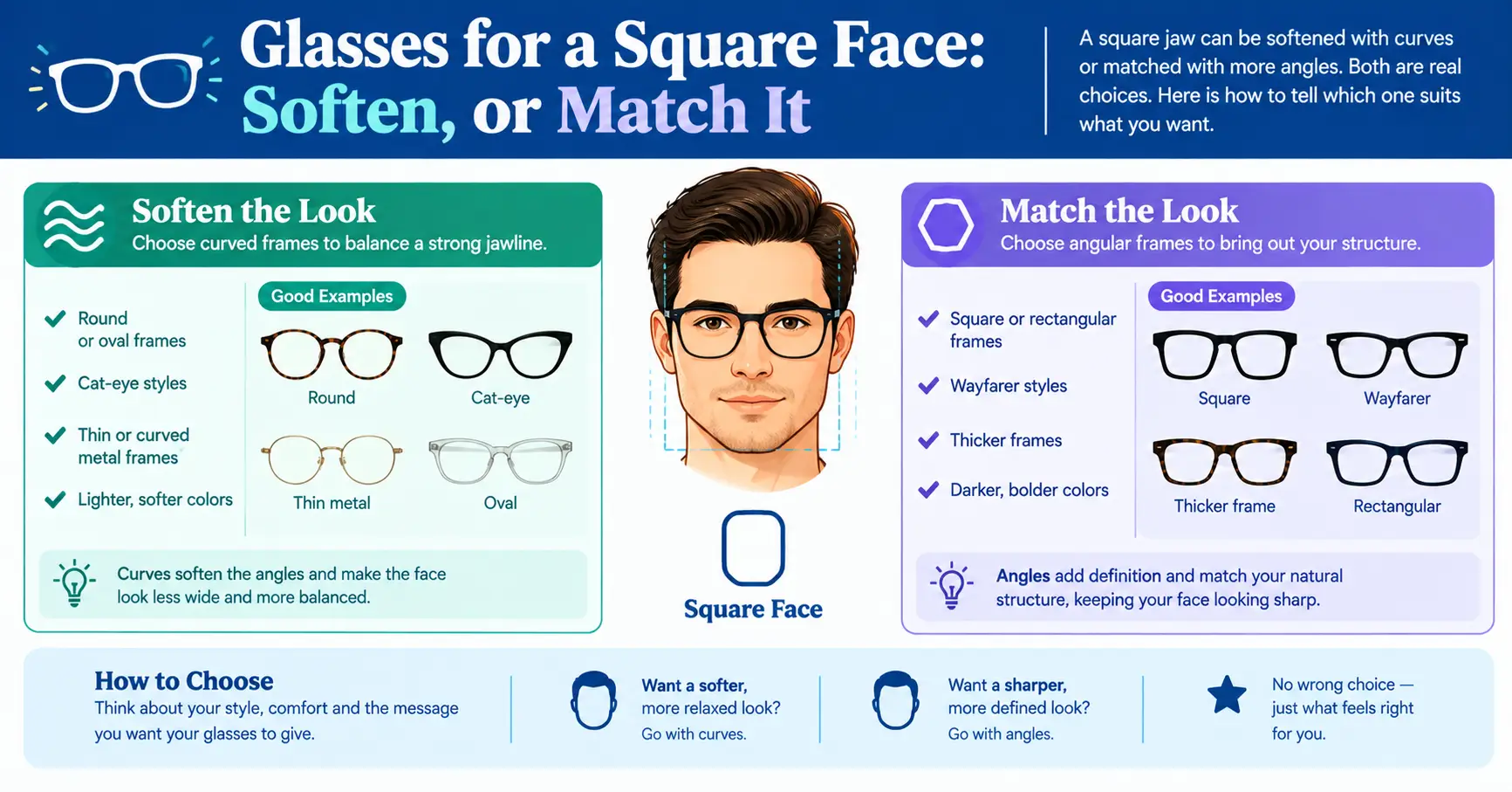 Glasses for a Square Face: Soften, or Match It
