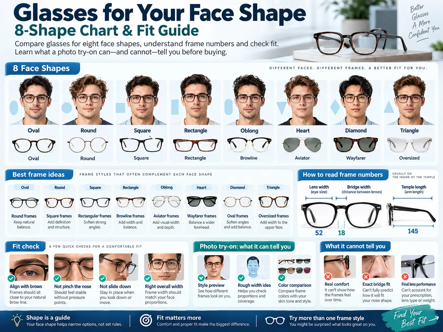 Glasses for Your Face Shape: 8-Shape Chart & Fit Guide