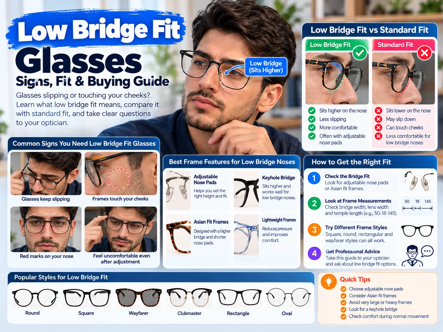 Low Bridge Fit Glasses: Signs, Fit & Buying Guide